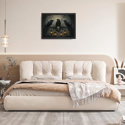 Crow Wall Art Canvas - Gothic Crow Framed Artwork for Living Room & Bedroom - 16x12 Inches