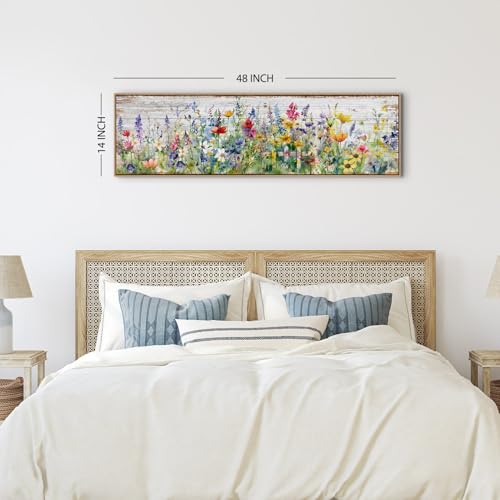 Wood Framed Colorful Wildflower Wall Art - Farmhouse Canvas Decor 14x48” - Flower Landscape