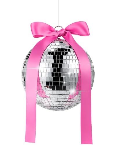 7 Inch Mirror Disco Ball with Pink Bow - Retro Party Decor for Events & Home