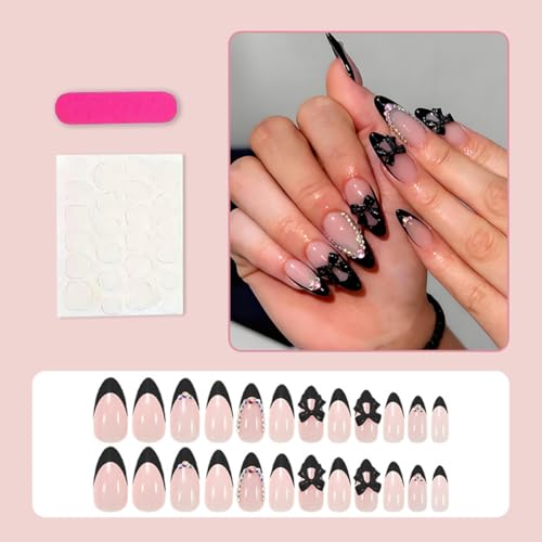 Press On Nails Short Almond Fake Nails with 3D Black Bow Rhinestones - Design J1