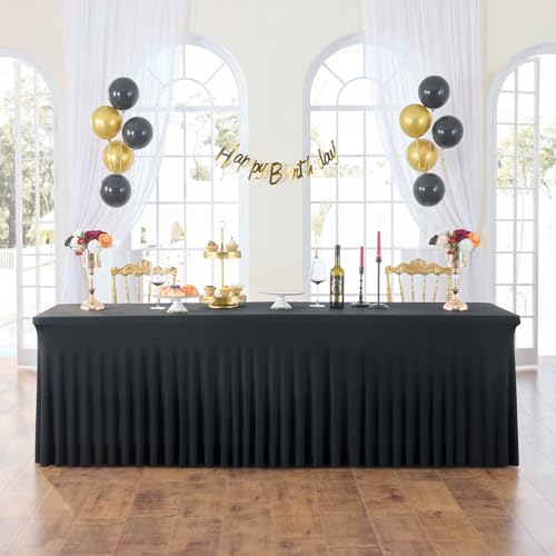 Black Spandex Fitted Rectangle Tablecloth 8ft - 4 Pack, Wrinkle-Free, Stretch Fit