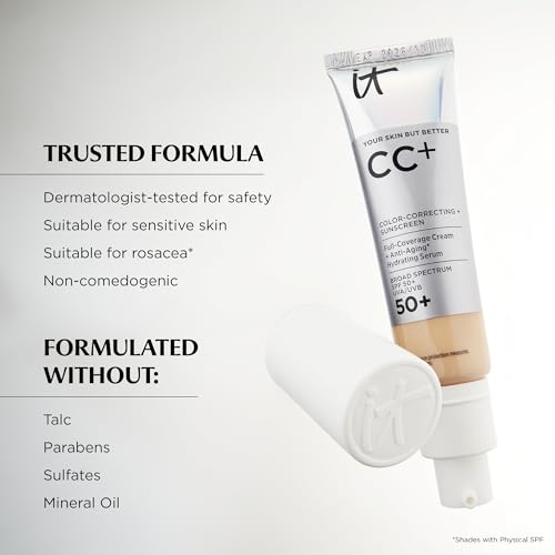 IT Cosmetics CC+ Cream Travel (Medium) - Natural Full Coverage Foundation With SPF 50+, Color Corrector & Anti-Aging Hydrating Serum, Hyaluronic Acid + Peptides, Up To 24H Wear - 0.4 fl oz