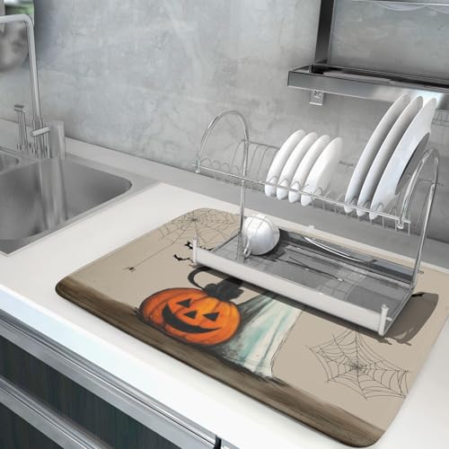 Halloween Black Cat Dish Drying Mat 18x24 Inch - Ghost Pumpkin Spiderweb Pattern