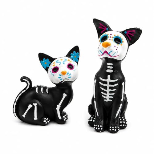 Day of the Dead Cat & Dog Skeleton Figurines Set - Halloween & Día de los Muertos Decor