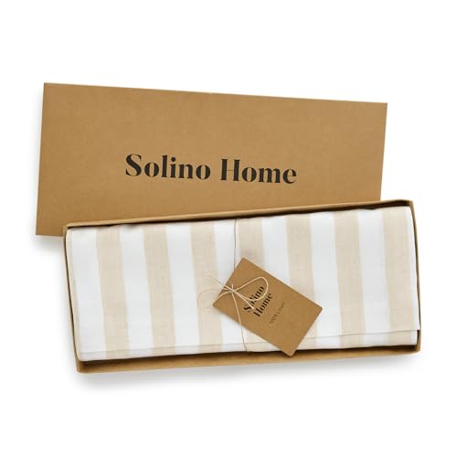 Solino Home 100% Linen Table Runner - Natural & White Striped, 14x120 Inches - Handcrafted European Flax