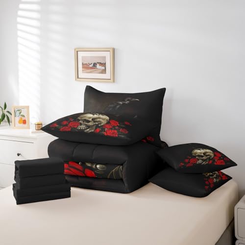 Black Red Sugar Skull King Bed in a Bag Halloween Kids Bedding Set with Comforter & Sheets