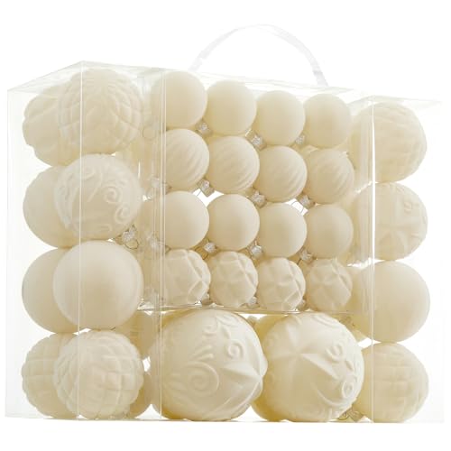 Cream Velvet Christmas Ball Ornaments Set - 46 Pcs Shatterproof Holiday Decorations with Loop, 3 Sizes