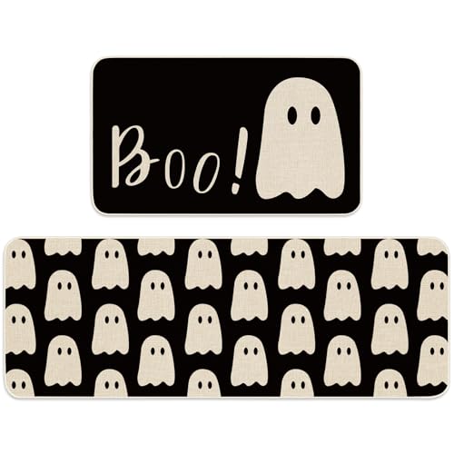 Halloween Ghost Kitchen Rugs Set of 2 Non-Slip Floor Mats - Spooky Black Boo Decor