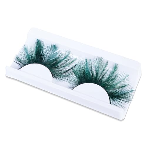 Green Feather False Eyelashes for Halloween Cosplay - Extra Long, Wispy Look - Variation: Green-8234