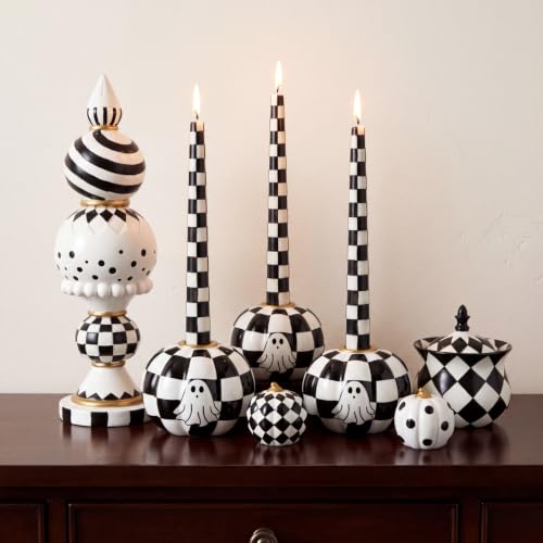 Halloween Black and White Checkerboard Candle Holder Set - Ghost Pumpkin Decor
