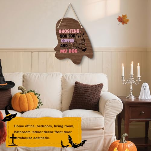 Halloween Wall Decor Ghost Sign - Irregular Wooden Ghost Hanging Sign with Jute Rope - Ghosting Variation