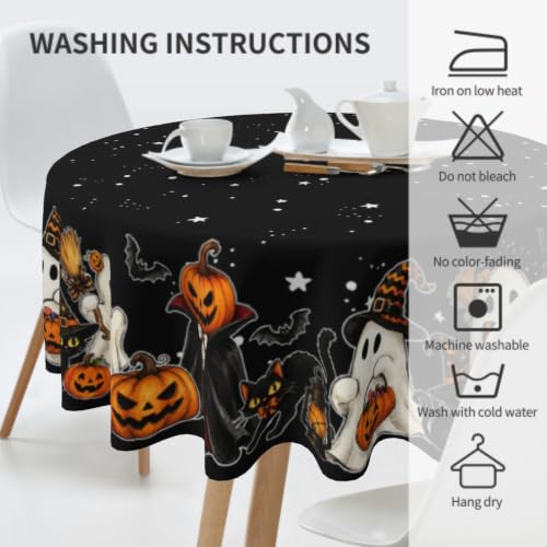 Halloween Round Tablecloth 60 Inch Ghost & Jack-o'-Lantern Design Water-Resistant Washable Table Cover - Black Cats Variation