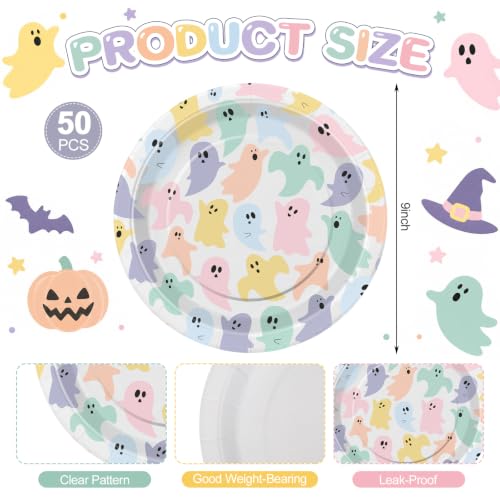 Halloween Ghost Boo Pastel Paper Plates - 50 Count, 9 Inch Party Tableware