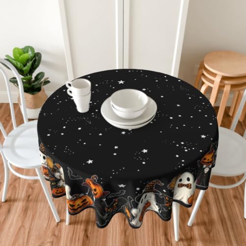 Halloween Round Tablecloth 60 Inch Ghost & Jack-o'-Lantern Design Water-Resistant Washable Table Cover - Black Cats Variation