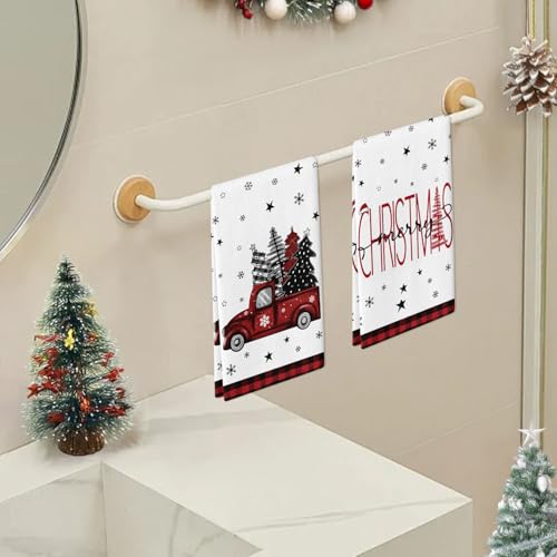 Christmas Hand Towel Set of 2 - Red Truck & Tree Design, 18x26 Inch Holiday Decor