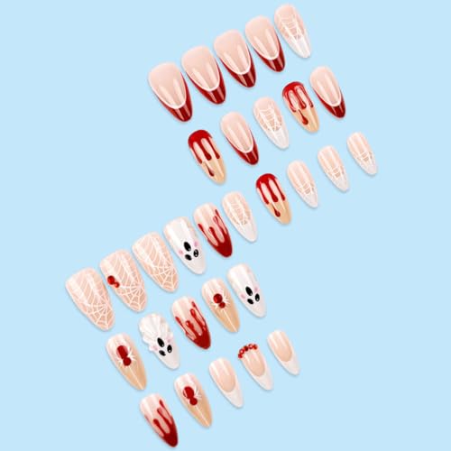 Halloween Press On Nails Almond Medium Set with 3D Ghost Spider Web Rhinestones - Variation 22