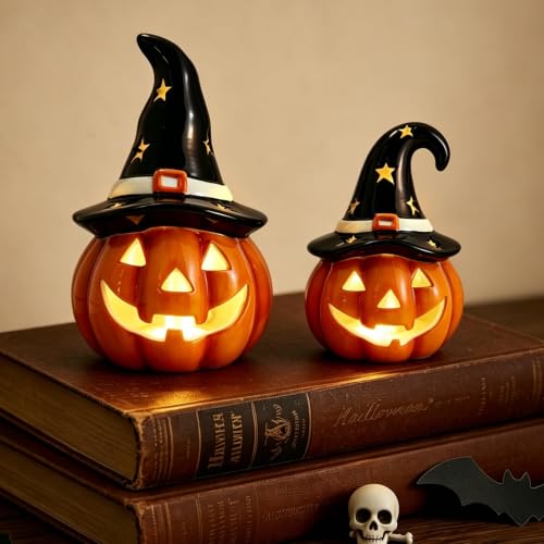 Halloween Pumpkin Lights Set of 2 Ceramic Jack O Lantern Lamps Indoor Decor