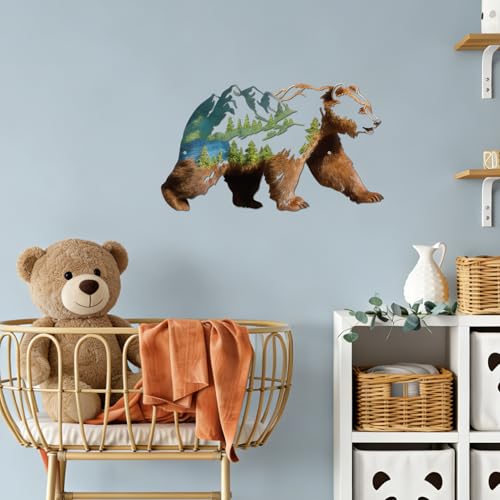 Mountain Bear Metal Wall Art - Pine Tree Wilderness Scene with Variation L