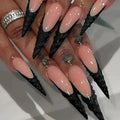 IMSOHOT Long Stiletto Press On Nails Black French Tips with 3D Designs - Variation 75-C42Black