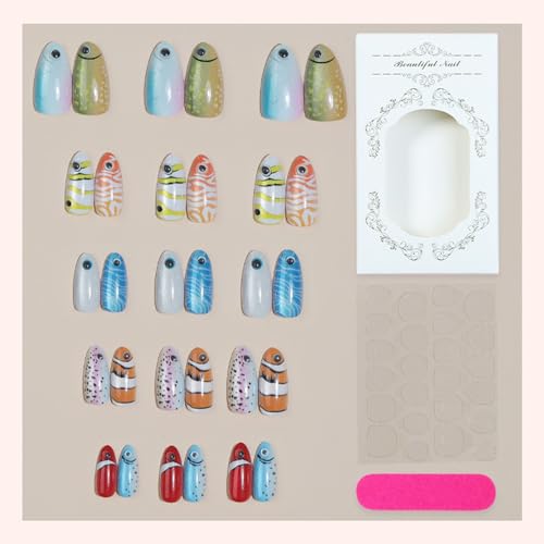Almond Colorful Fish Press On Nails - Tropical Ocean Fish Design, Summer 30Pcs - Variation 7