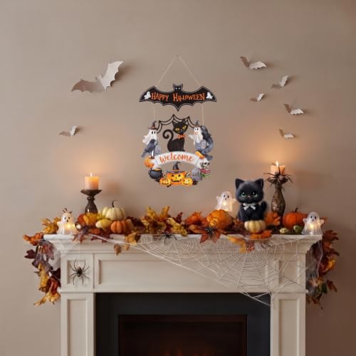 Halloween Ghost Wood Door Sign with Wreath - Spooky Fall Decor