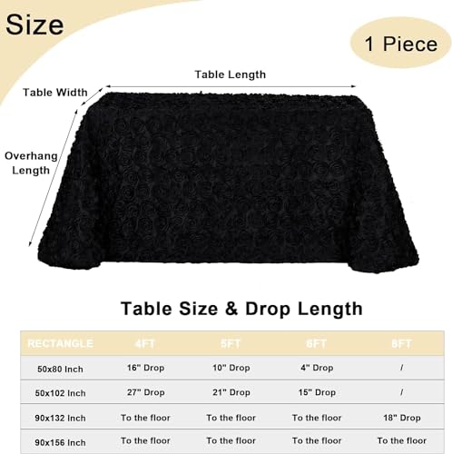 Black 3D Floral Rosette Satin Tablecloth 90x156 Inches for Wedding & Party