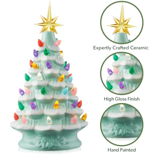 Hand Painted Ceramic Christmas Tree - Seafoam Snow Flocked 12-Inch Pre-Lit Tree with Multi-Color Lights & Star Toppers