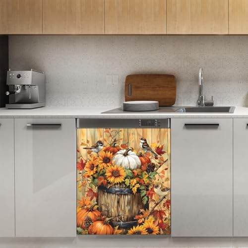 Fall Dishwasher Magnet Cover Front Decoration with Retro Wooden Bird Variation