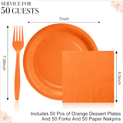 7 Inch Orange Party Plates and Napkins Set for 50 Guests - Disposable Fall Halloween Birthday BBQ