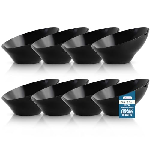 16 Pack Black Plastic Serving Bowls for Weddings & Parties - Angled Design, 20oz