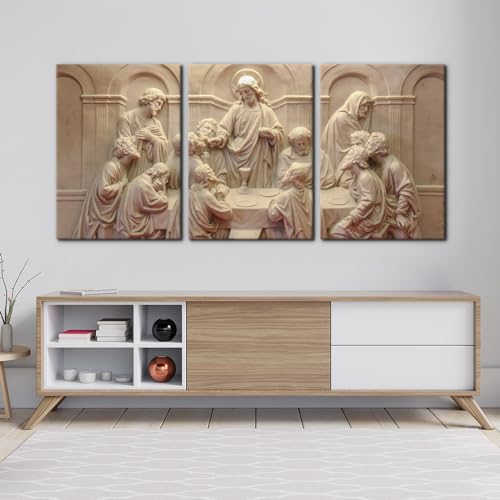 3 Pieces Canvas Wall Art The Last Supper Sculpture Style Paintings - 20" x 28" x 3 Panels, Ready to Hang - Variation of Wallart-09
