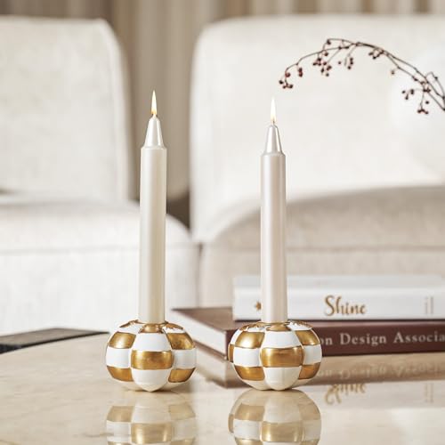 Fall Pumpkin Candle Holder Set - White & Gold Checkered Decor, 2PCS