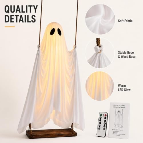 5 Ft Swinging Ghost Halloween Decoration with LED Lights & Removable Witch Hat