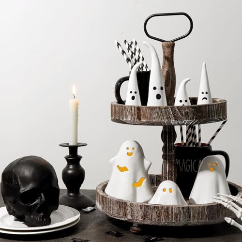 Halloween Ceramic Ghost Figurines with LED Lights - 3 Pack Spooky Decor for Home & Party