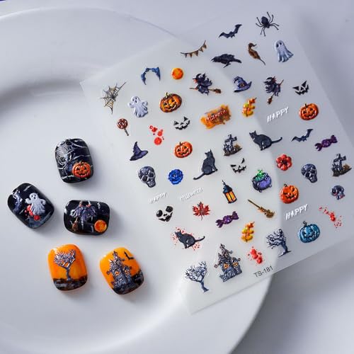 Halloween Nail Art Stickers 5D Embossed Ghost Cats Skull Witch Pumpkin Spider Nail Decals – Variation 5D-010