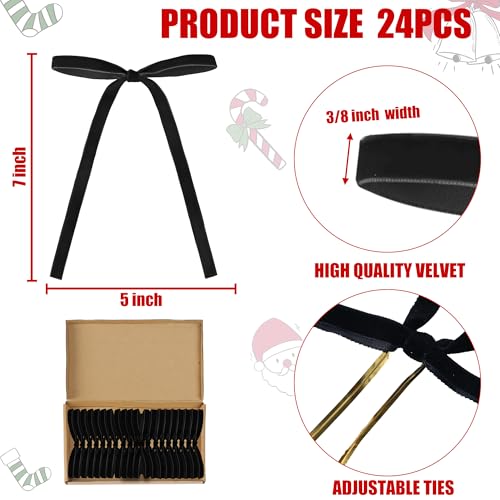 Christmas Velvet Bow Set - Black, 24 Pcs Small Holiday Wreath & Gift Wrap Decorations