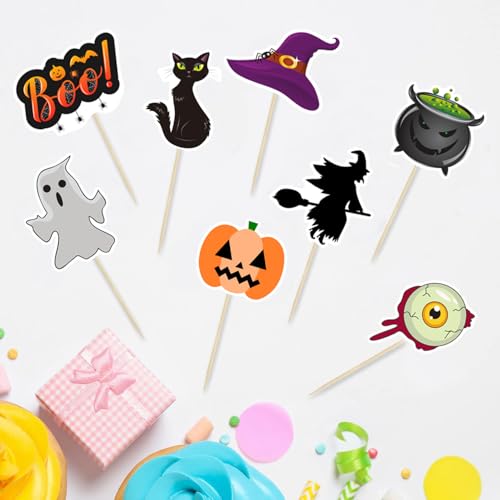 Halloween Cupcake Toppers 40Pcs Spooky Ghost Witch Pumpkin Cat Decorations