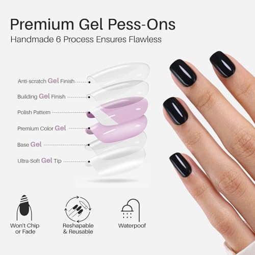Press On Nails Classic Black Short Square 32 Count - Salon Quality, Easy DIY Manicure