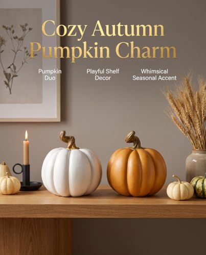 Set of 2 Fall Resin Pumpkin Decorations - White & Orange 4 Inch