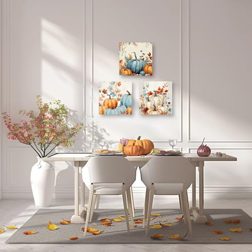 Pumpkin Wall Art Canvas Prints - Autumn Pumpkin Pictures Set 12x12 Inch Orange - Rustic Farmhouse Decor - 3 Pieces