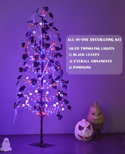 5FT Lighted Halloween Tree with 518 LED Twinkle Lights and Ornaments - Indoor Outdoor Spooky Decor