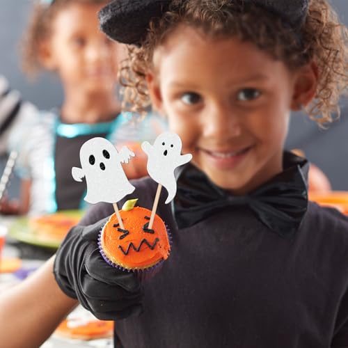 Halloween Ghost Cupcake Toppers White Glitter Baby Ghost Pattern 11 - 24 pcs