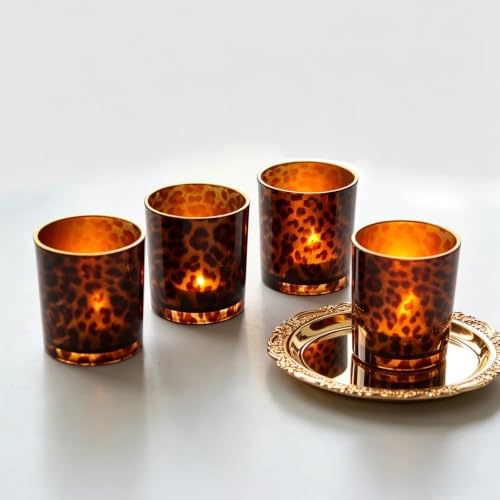 Leopard Brown Glass Tealight Candle Holder - Animal Print Decor Votive Jar