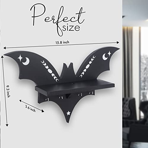 Spooky Bat Shelf Wall Decor - Halloween Gothic Coffin Shelf with Hooks for Curiosities