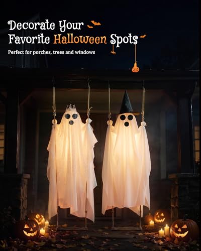 2-Pack Swinging Ghost Outdoor Halloween Decorations - Adjustable 4.5-7.2 FT Wind-Activated Ghosts with Lights