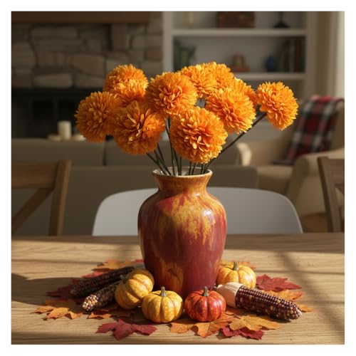 Artificial Mums 12-Inch Silk Flowers with Bendable Wire Stems - Orange, 12 Pack