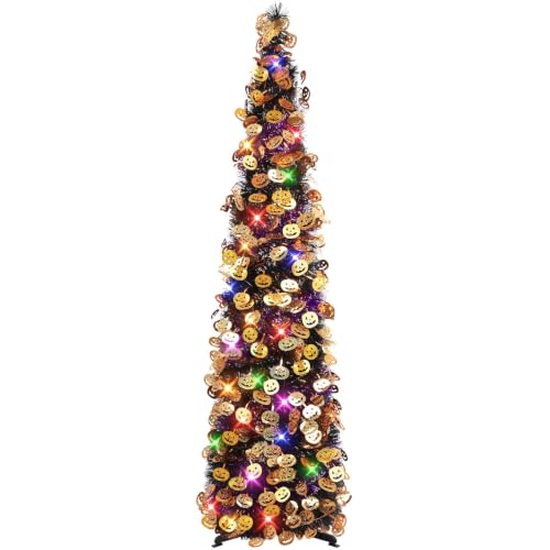 Halloween Tree Decorations with Lights - 5FT Black Purple Collapsible Tinsel Tree with Pumpkins & 8 Lighting Modes