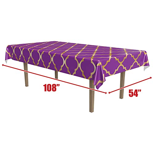 Moroccan Lattice Plastic Table Covers - 3 Pack, 54 x 108 Inches, Purple & Gold - Arabian Nights Theme Party Decor