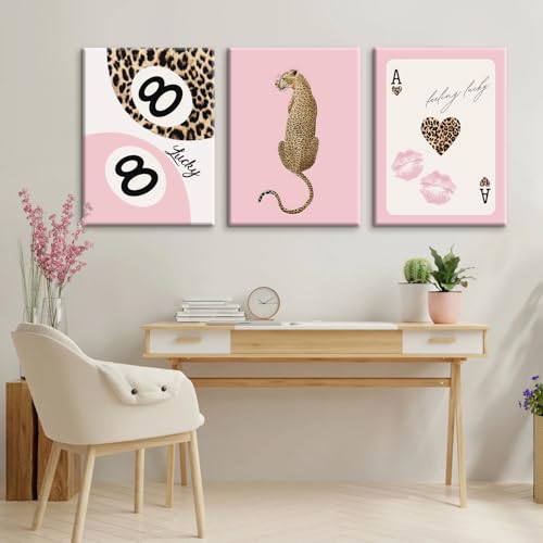 Leopard Canvas Wall Art Set - Pink Cheetah Print Bedroom Decor 16x24 Inch Wrapped Canvas - Trendy Wall Decor