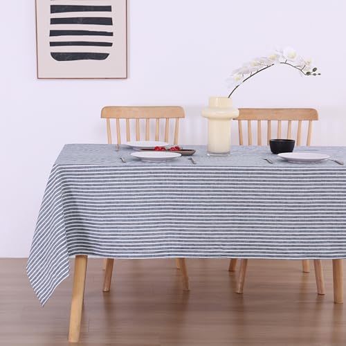 European Linen Tablecloth 60x108 Inches Blue Stripe - Rectangular, Machine Washable, 8-10 Sets